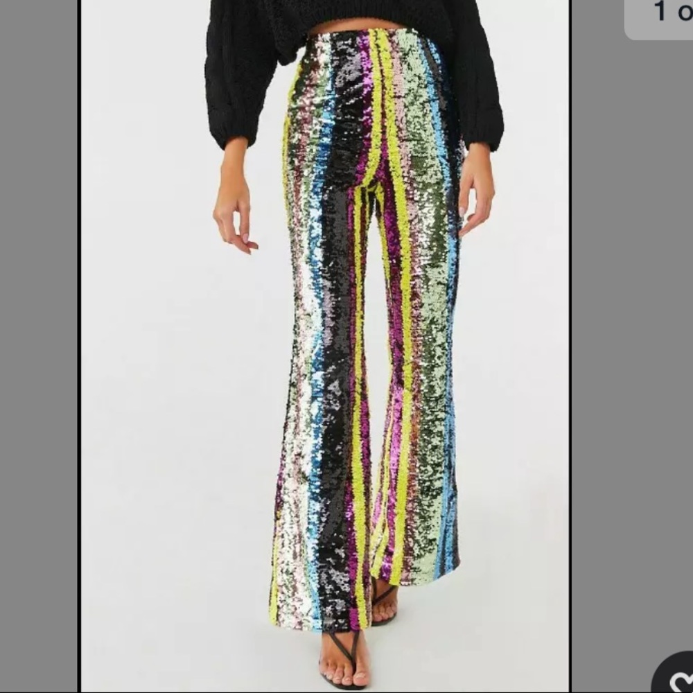 Multi-colored sequin high waist flare pant. M